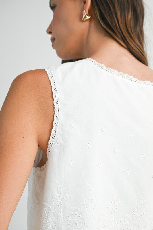 Aubree Eyelet Embroidered Front Tie Crop Top