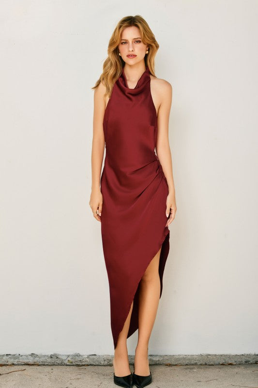 Bossa Nova Halter Neck Side Pleated Midi Dress