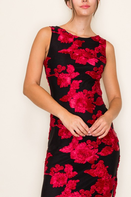 Liona 3D Floral Mesh w/Side Slit Midi Dress