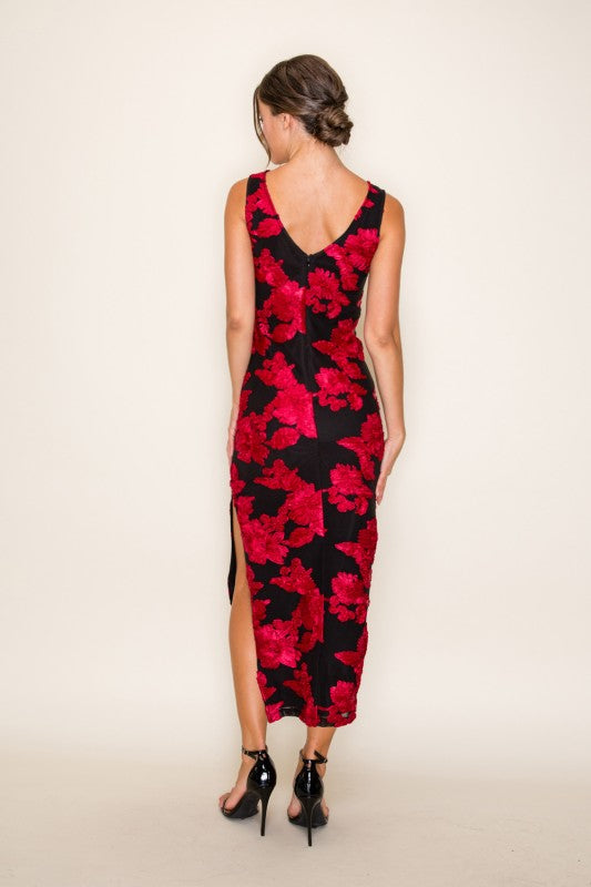 Liona 3D Floral Mesh w/Side Slit Midi Dress