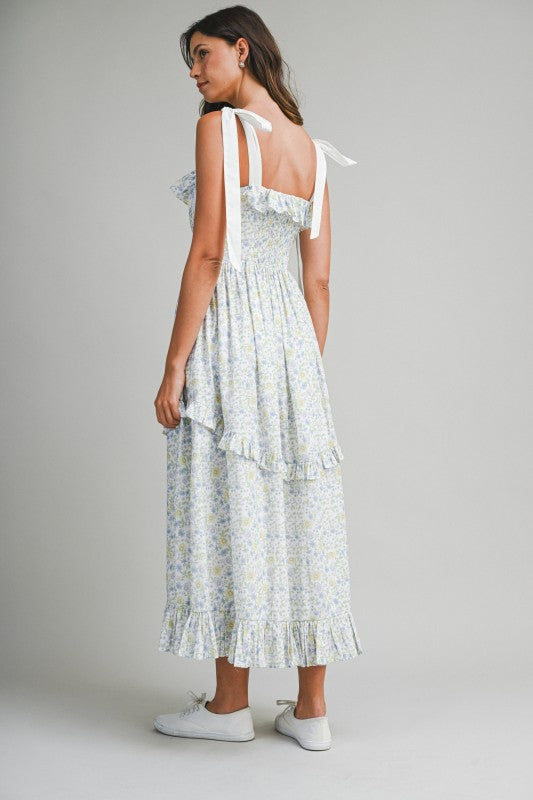 Elsie Ruffled Contrast Shoulder Strap Floral Print Midi Dress