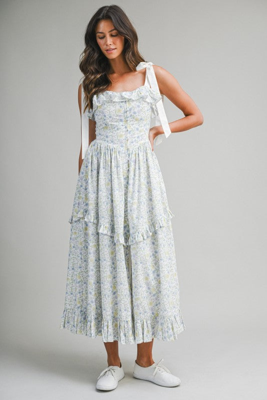 Elsie Ruffled Contrast Shoulder Strap Floral Print Midi Dress