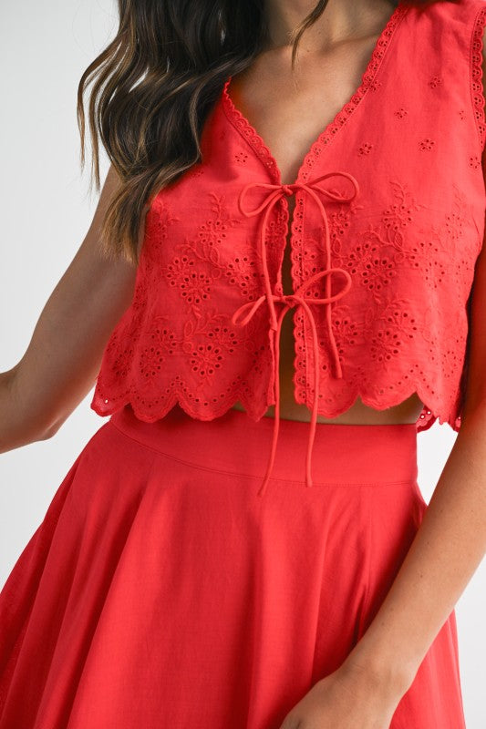 Aubree Eyelet Embroidered Front Tie Crop Top