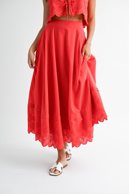 Aubree Embroidered Scalloped Hem Midi Skirt