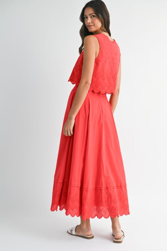 Aubree Embroidered Scalloped Hem Midi Skirt