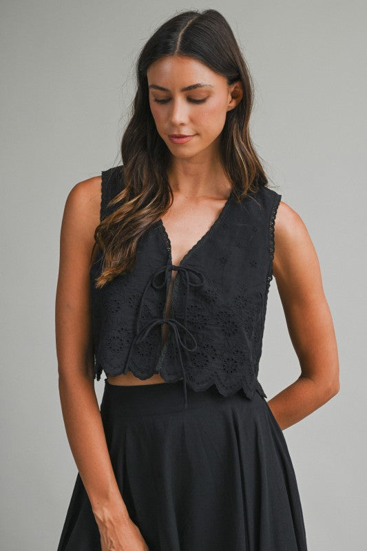 Aubree Eyelet Embroidered Front Tie Crop Top