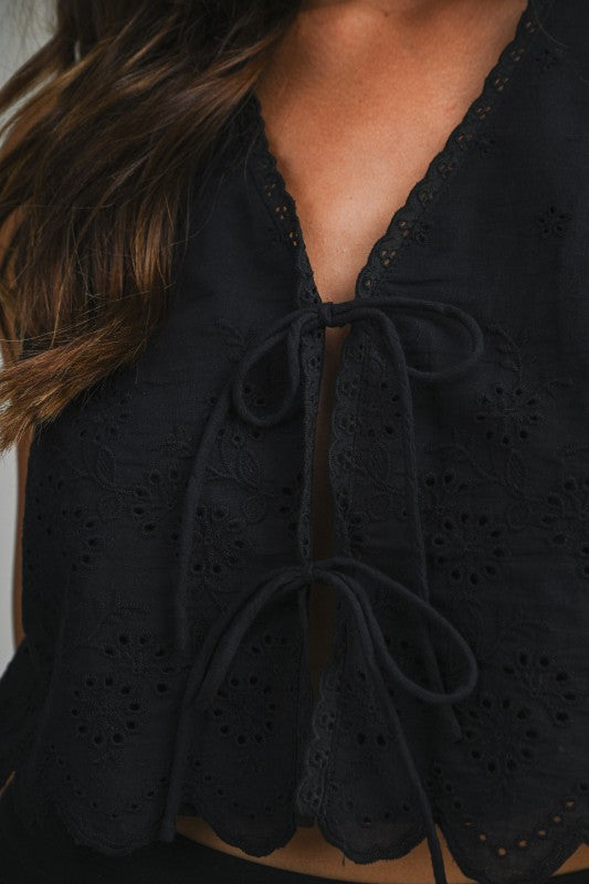 Aubree Eyelet Embroidered Front Tie Crop Top