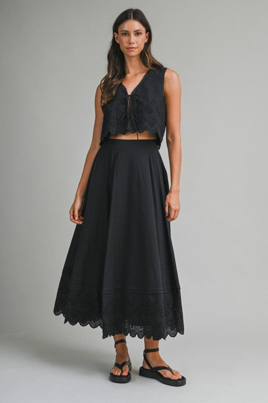 Aubree Embroidered Scalloped Hem Midi Skirt