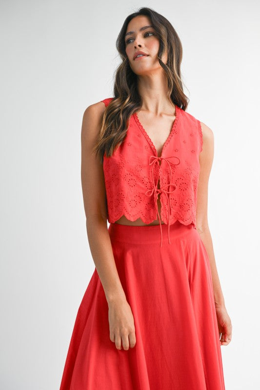 Aubree Eyelet Embroidered Front Tie Crop Top