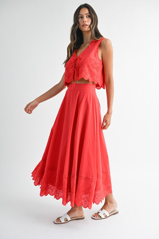 Aubree Embroidered Scalloped Hem Midi Skirt