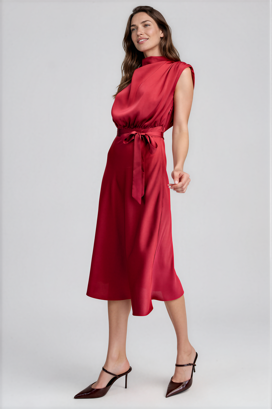 Clea Cowl Neck Front Tie Midi Dress