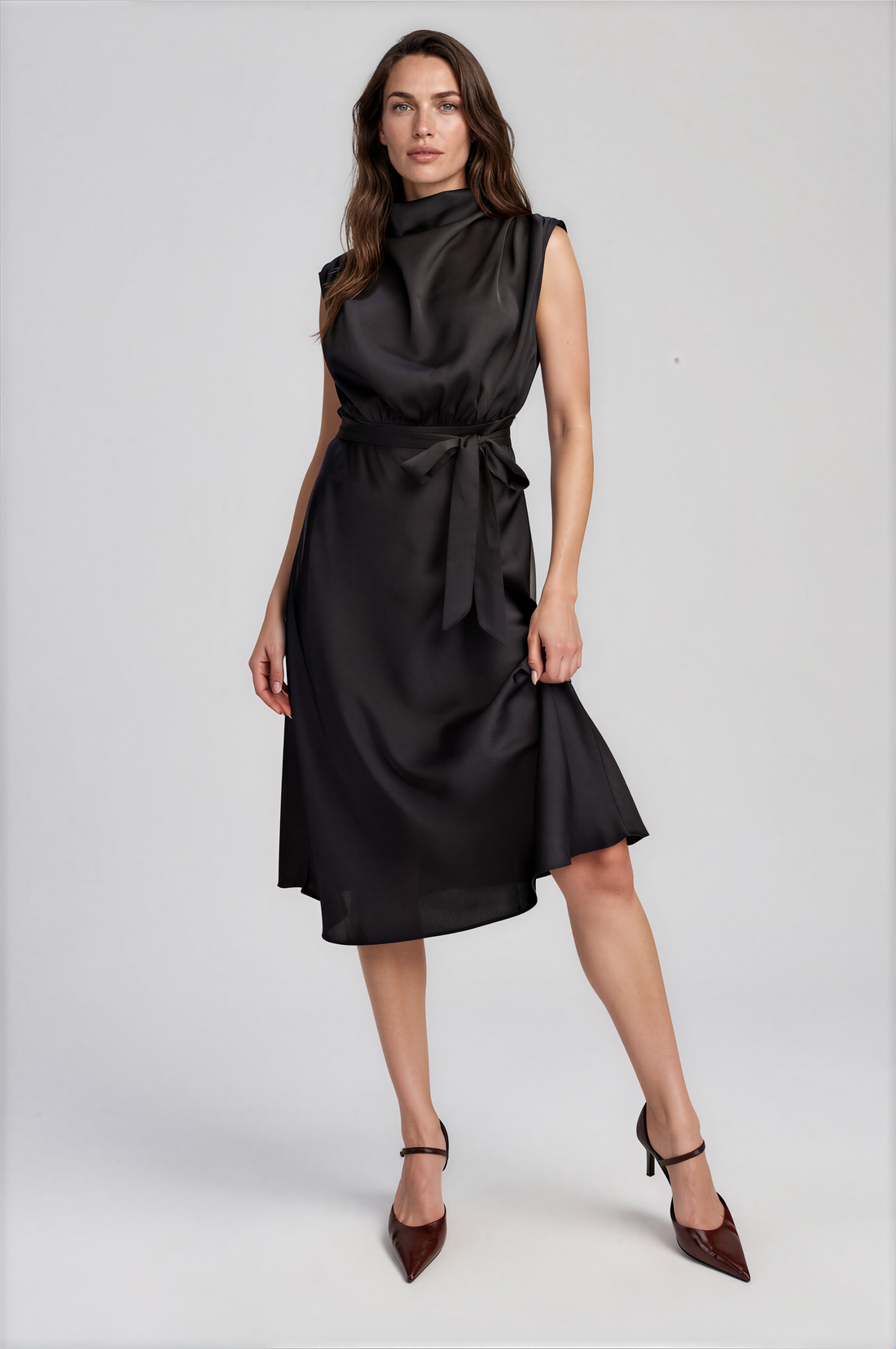 Clea Cowl Neck Front Tie Midi Dress