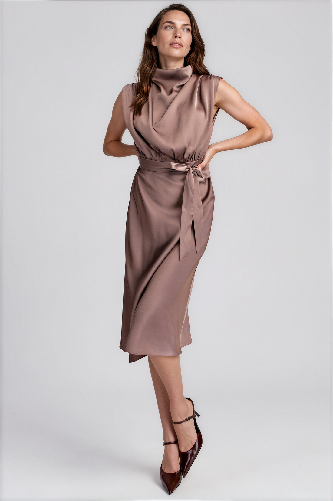 Clea Cowl Neck Front Tie Midi Dress