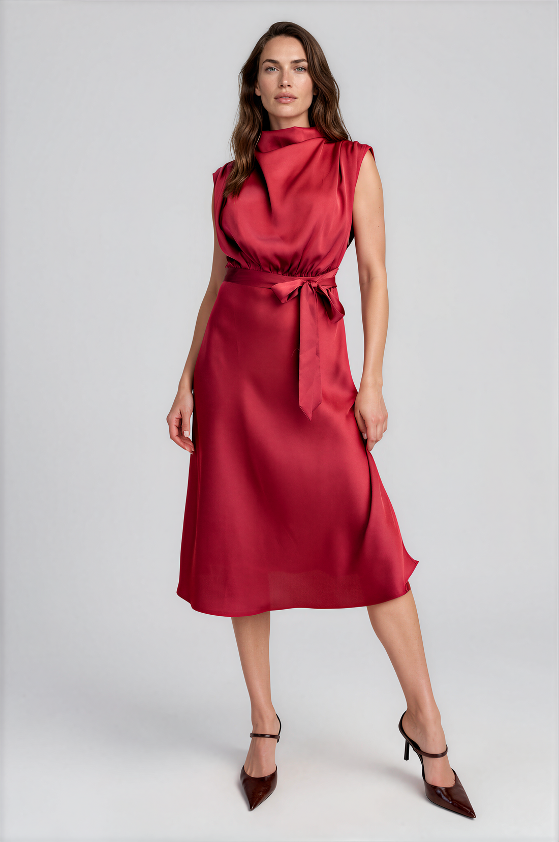 Clea Cowl Neck Front Tie Midi Dress