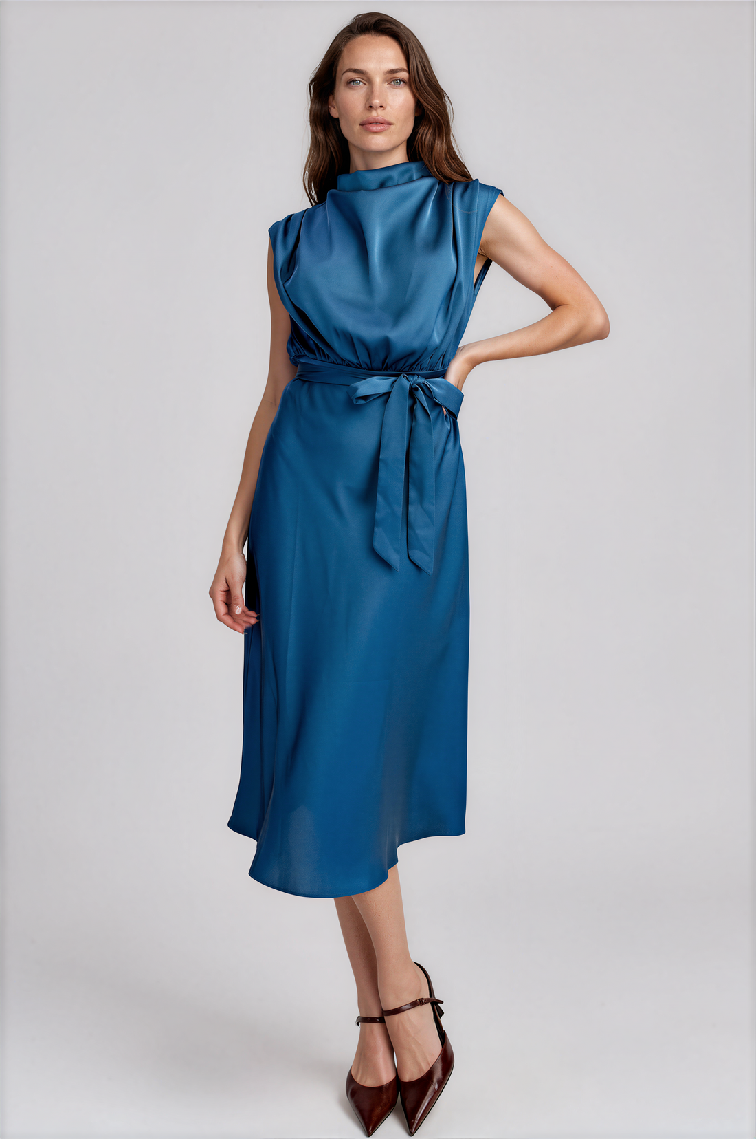 Clea Cowl Neck Front Tie Midi Dress