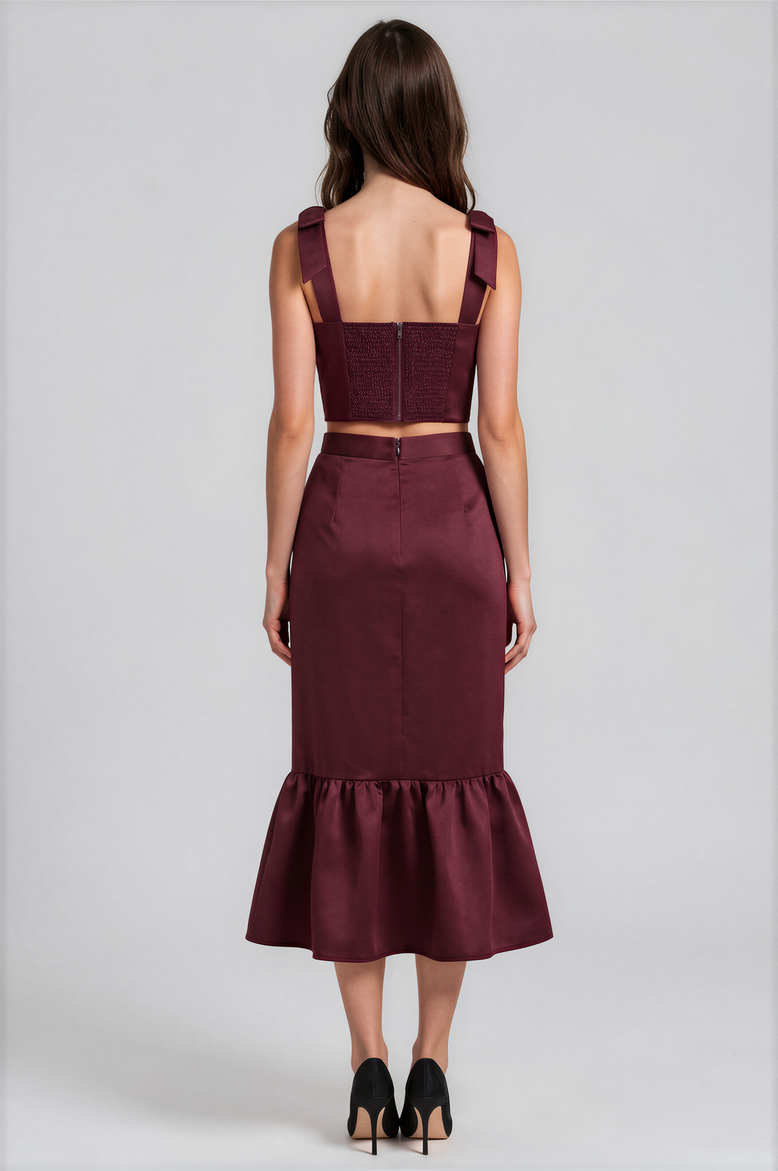 Zabava Ruffle Hem Satin Midi Skirt