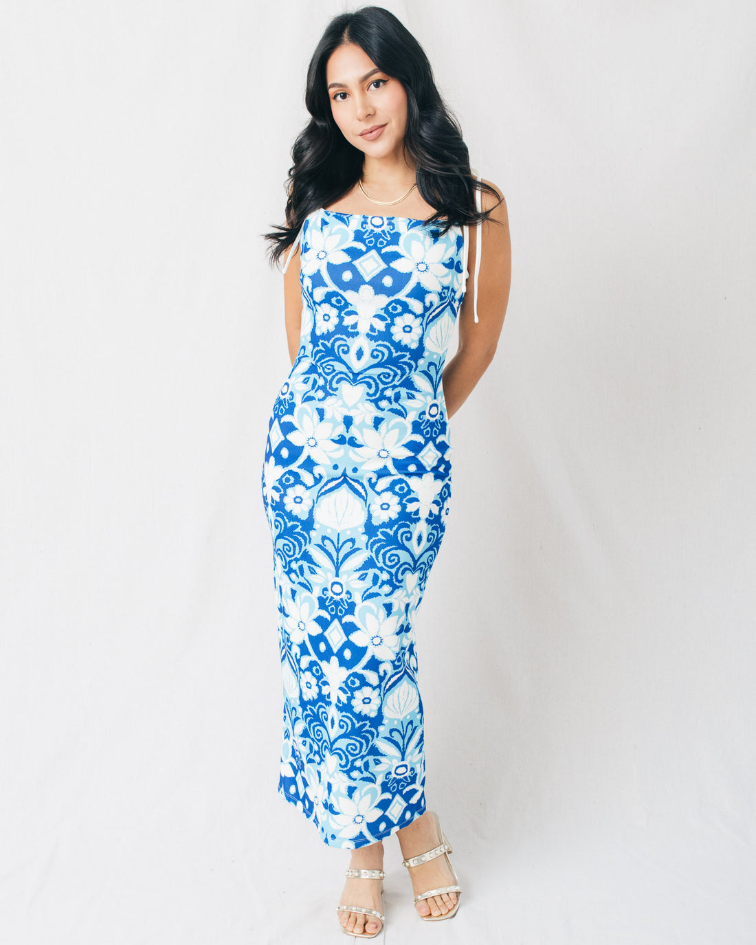 Liliana Shoulder Tie Back Slit Printed Midi Dress