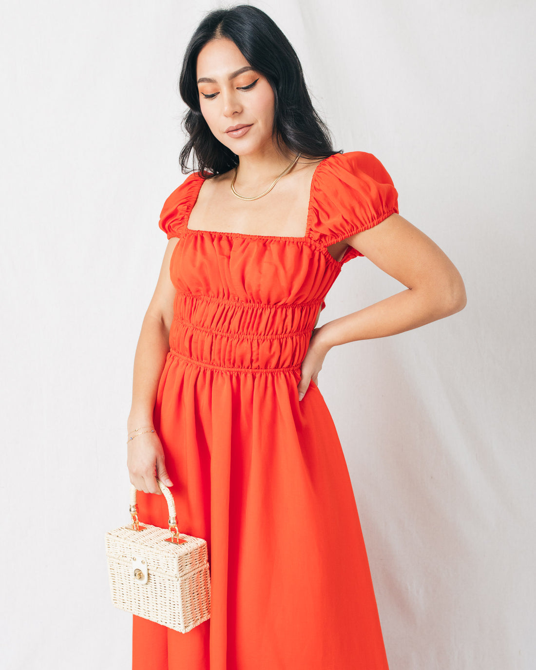 Tesh Open Back Puff Sleeve Ruched Midi Dress