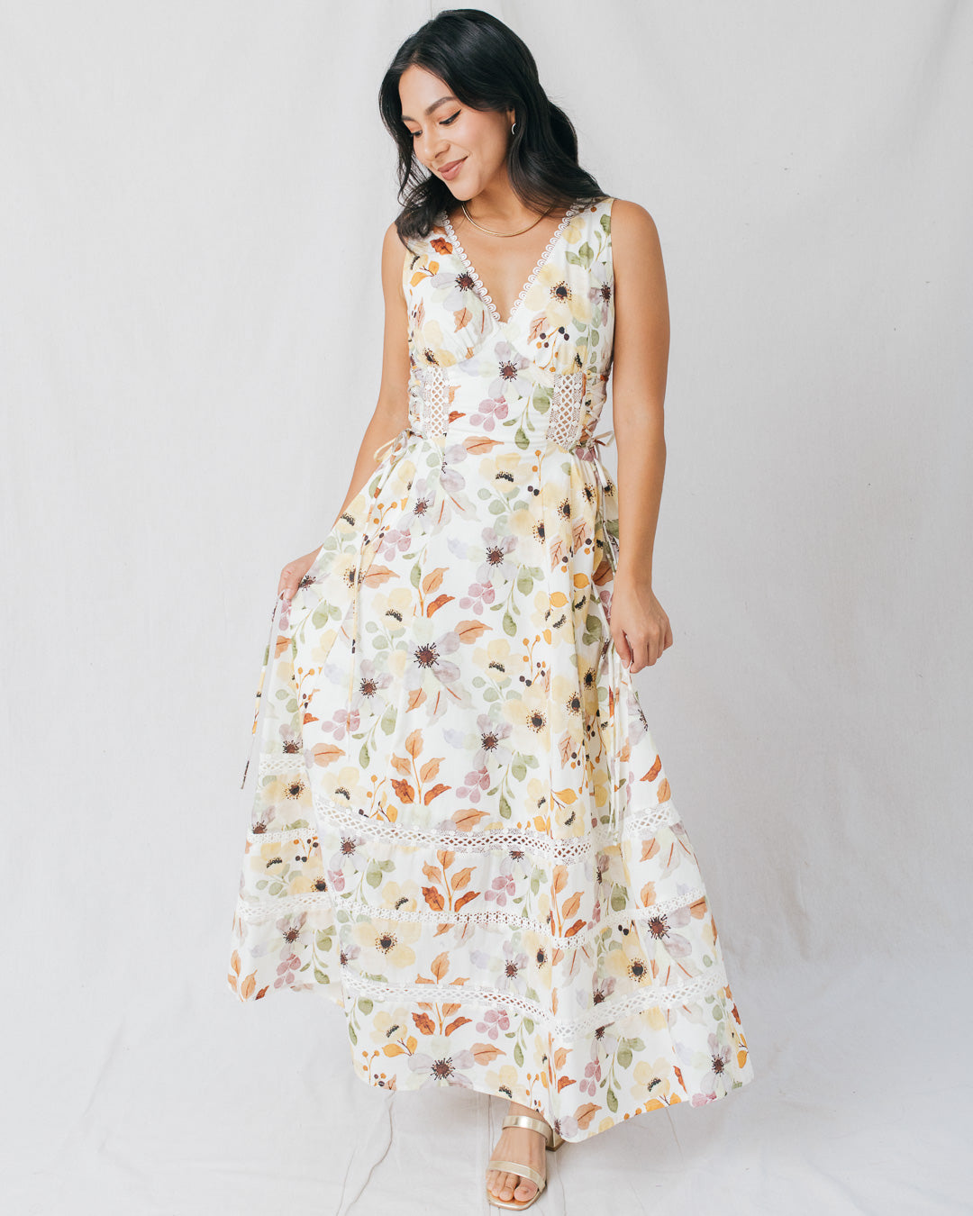 Clarabelle Floral Printed Lace Trim Midi Dress