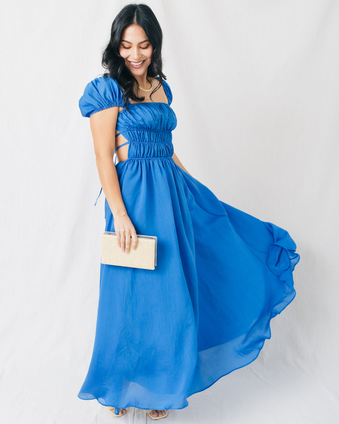 Tesh Open Back Puff Sleeve Ruched Midi Dress