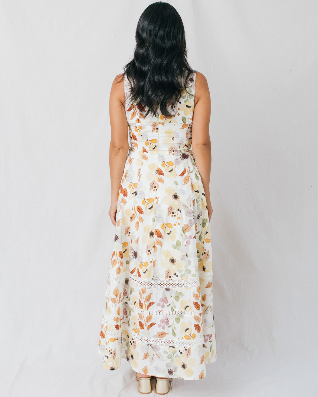 Clarabelle Floral Printed Lace Trim Midi Dress