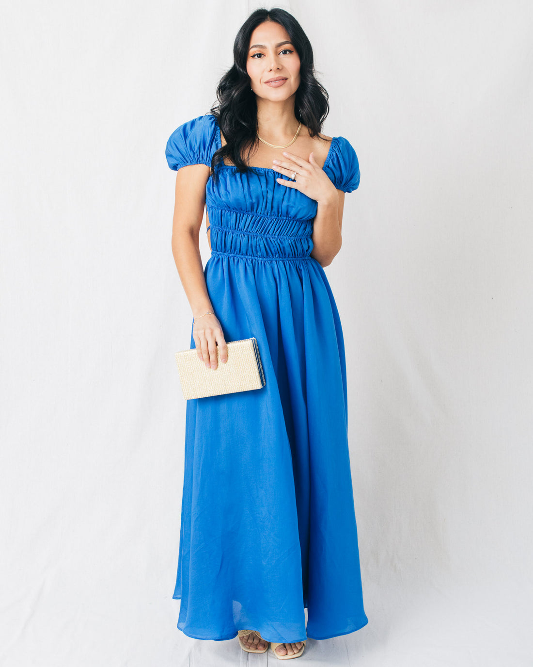 Tesh Open Back Puff Sleeve Ruched Midi Dress