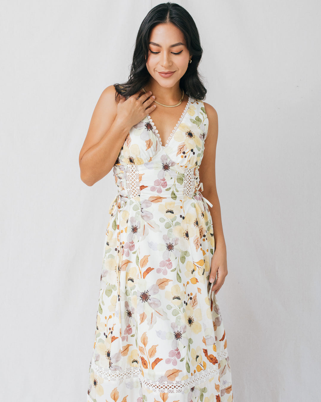 Clarabelle Floral Printed Lace Trim Midi Dress