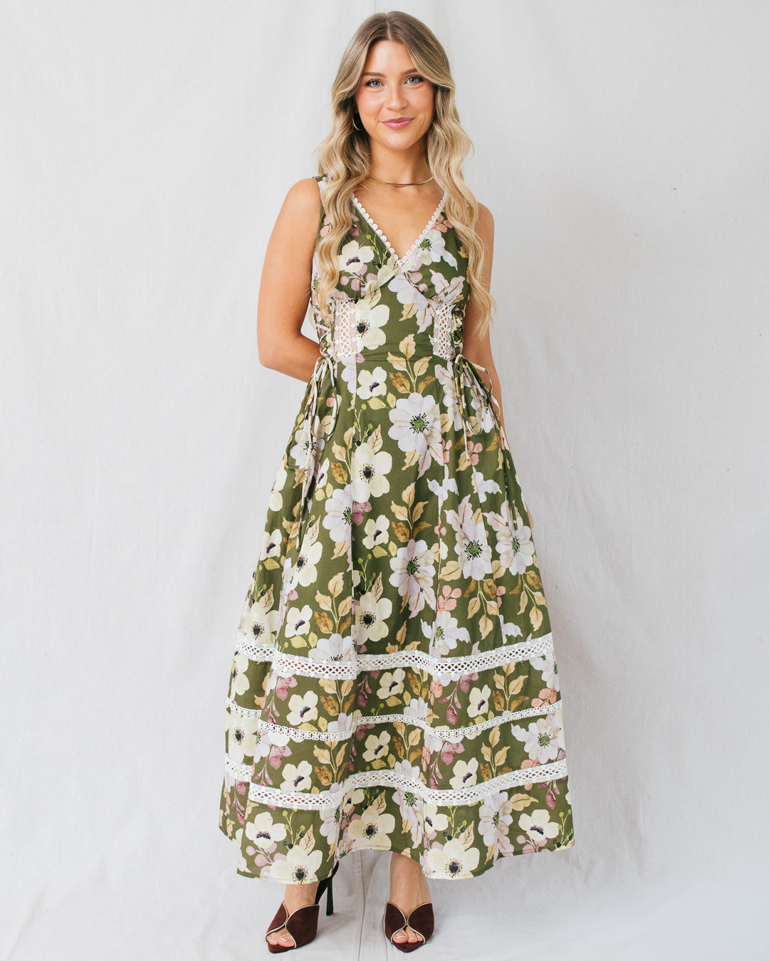 Clarabelle Floral Printed Lace Trim Midi Dress