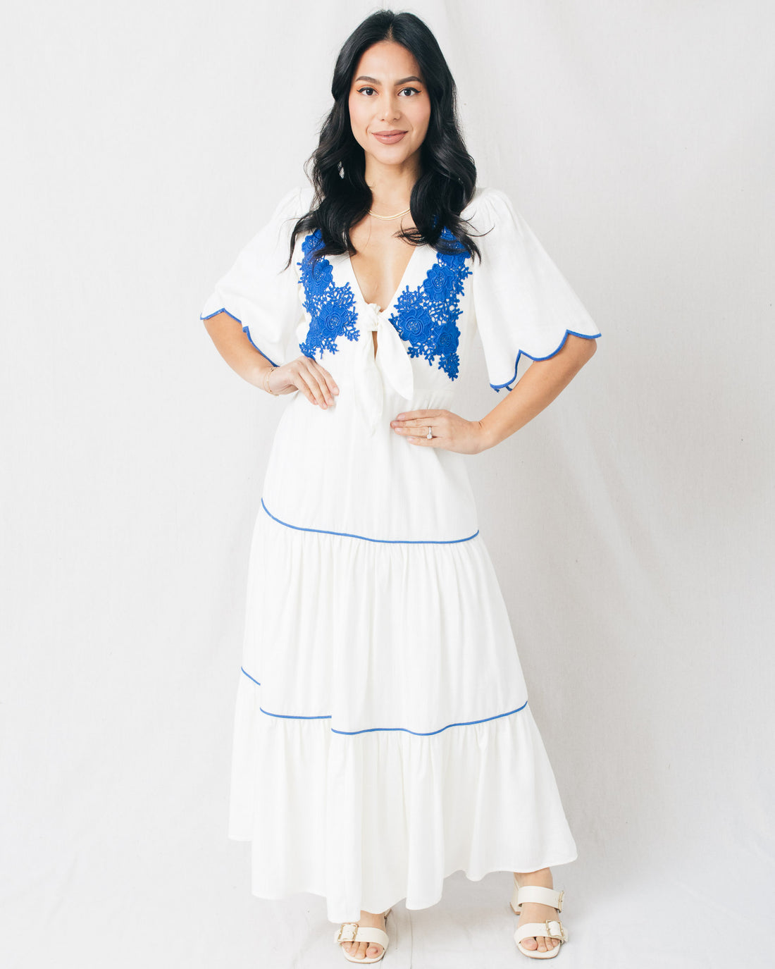 Idilia V-Neck Embroidered Tiered Midi Dress