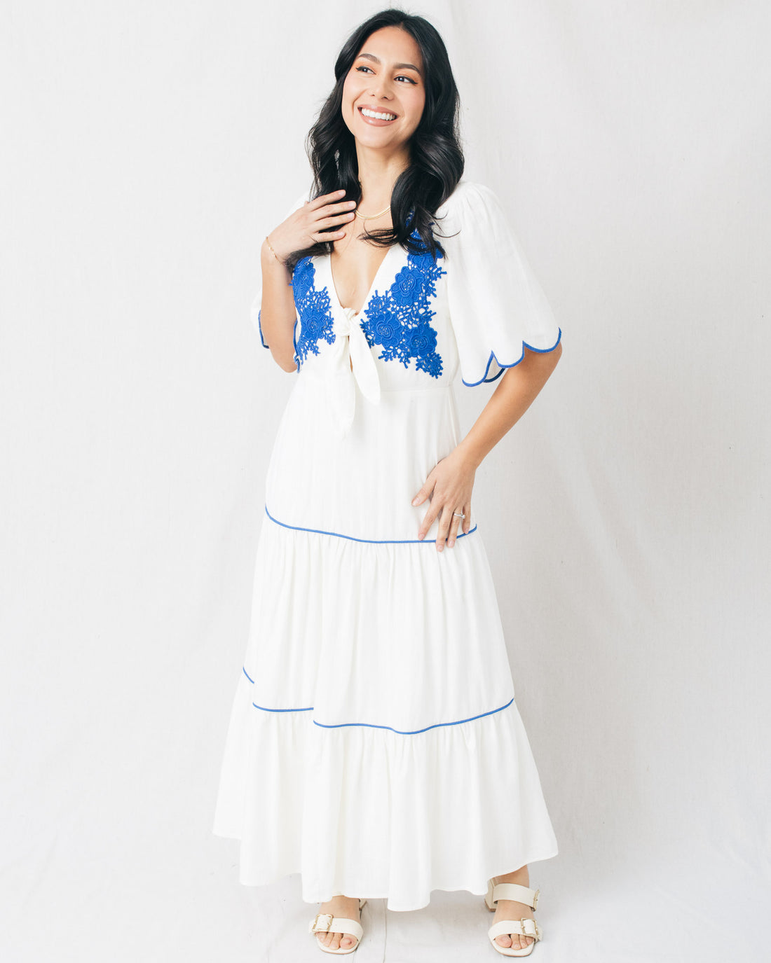 Idilia V-Neck Embroidered Tiered Midi Dress