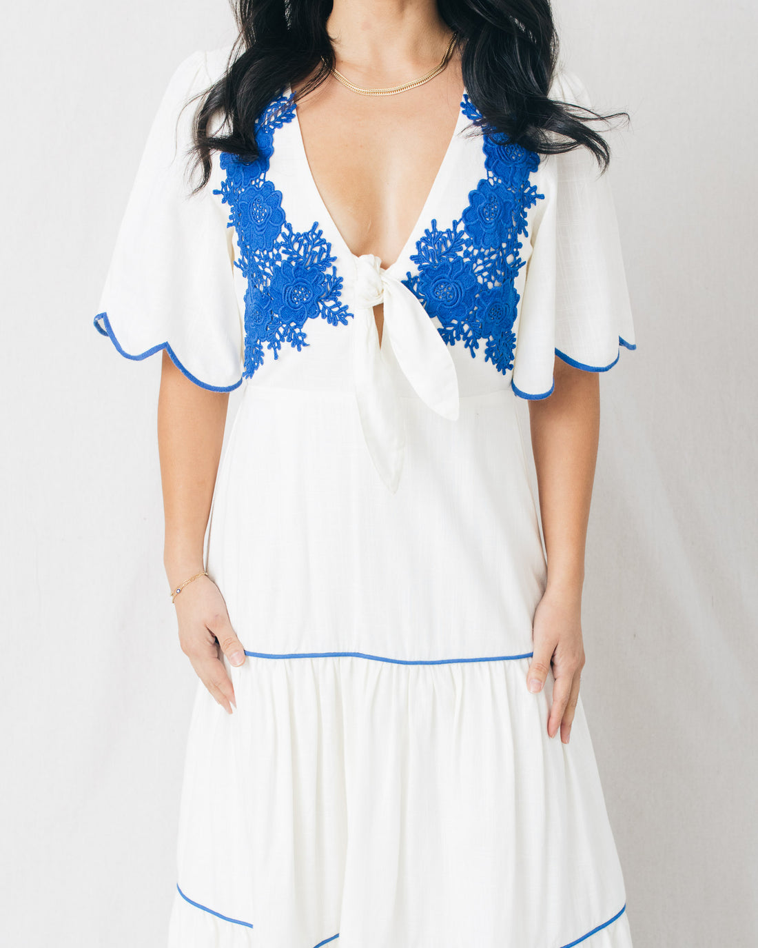 Idilia V-Neck Embroidered Tiered Midi Dress
