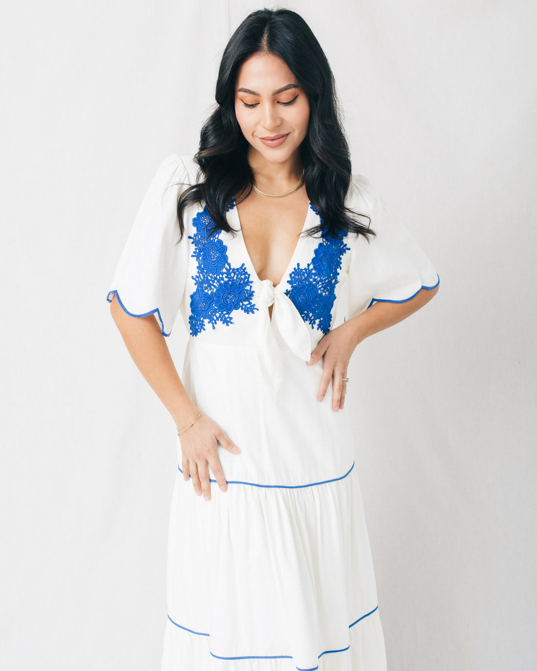 Idilia V-Neck Embroidered Tiered Midi Dress