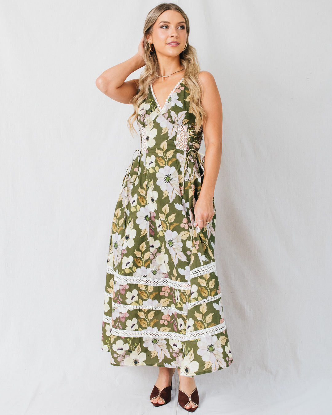 Clarabelle Floral Printed Lace Trim Midi Dress