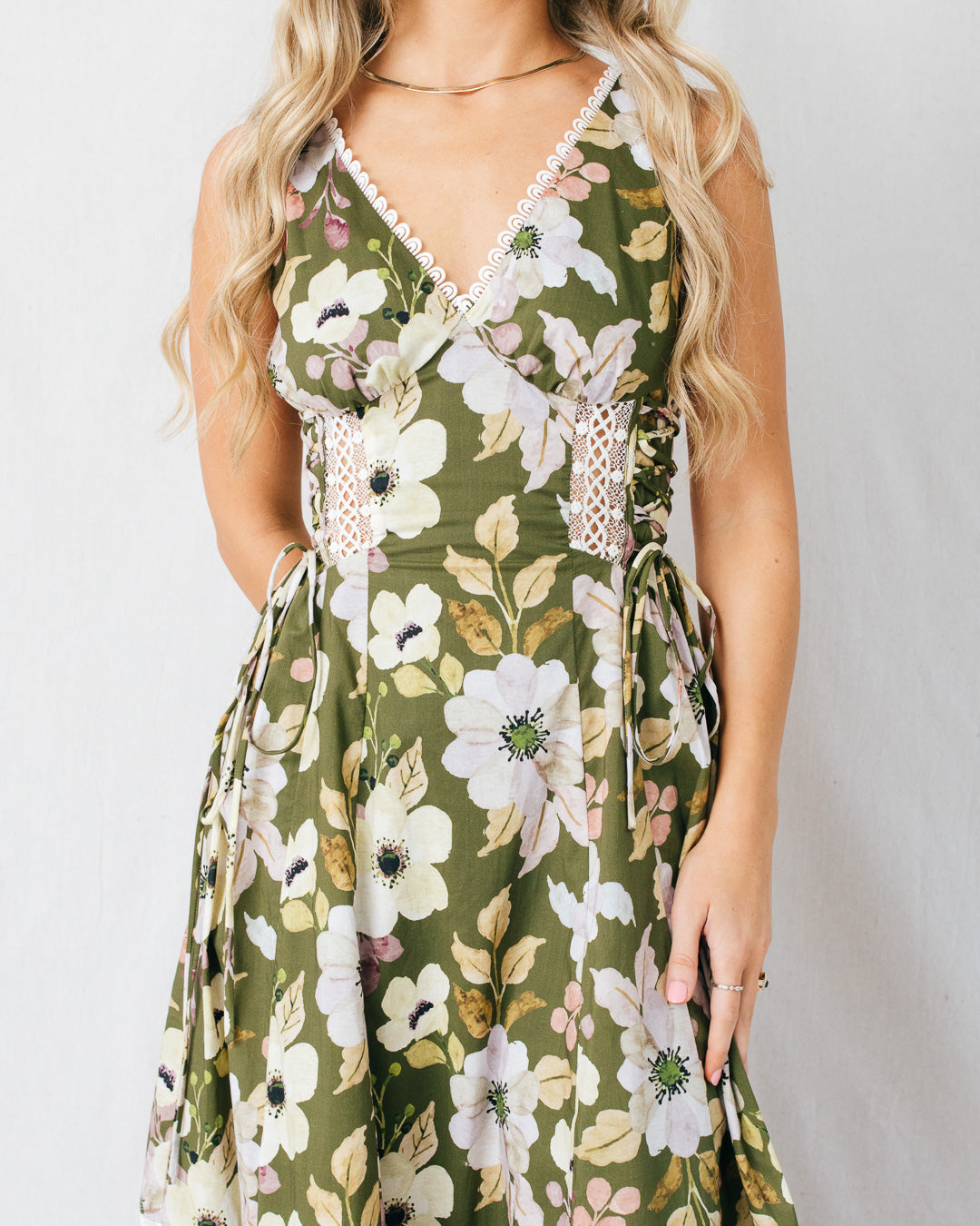 Clarabelle Floral Printed Lace Trim Midi Dress