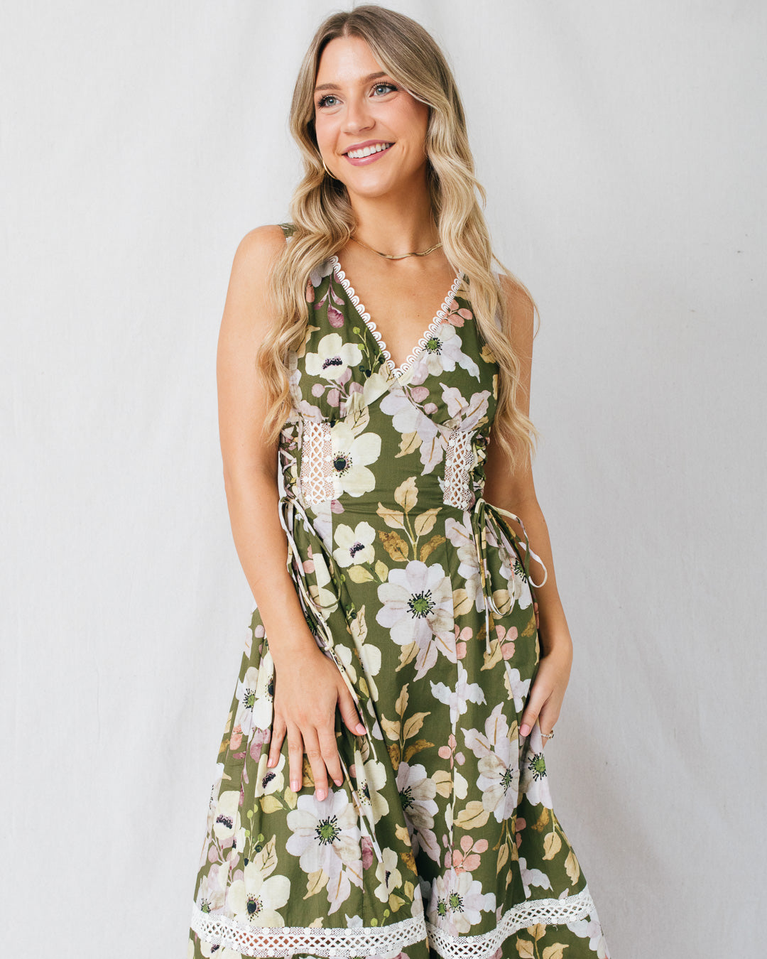 Clarabelle Floral Printed Lace Trim Midi Dress
