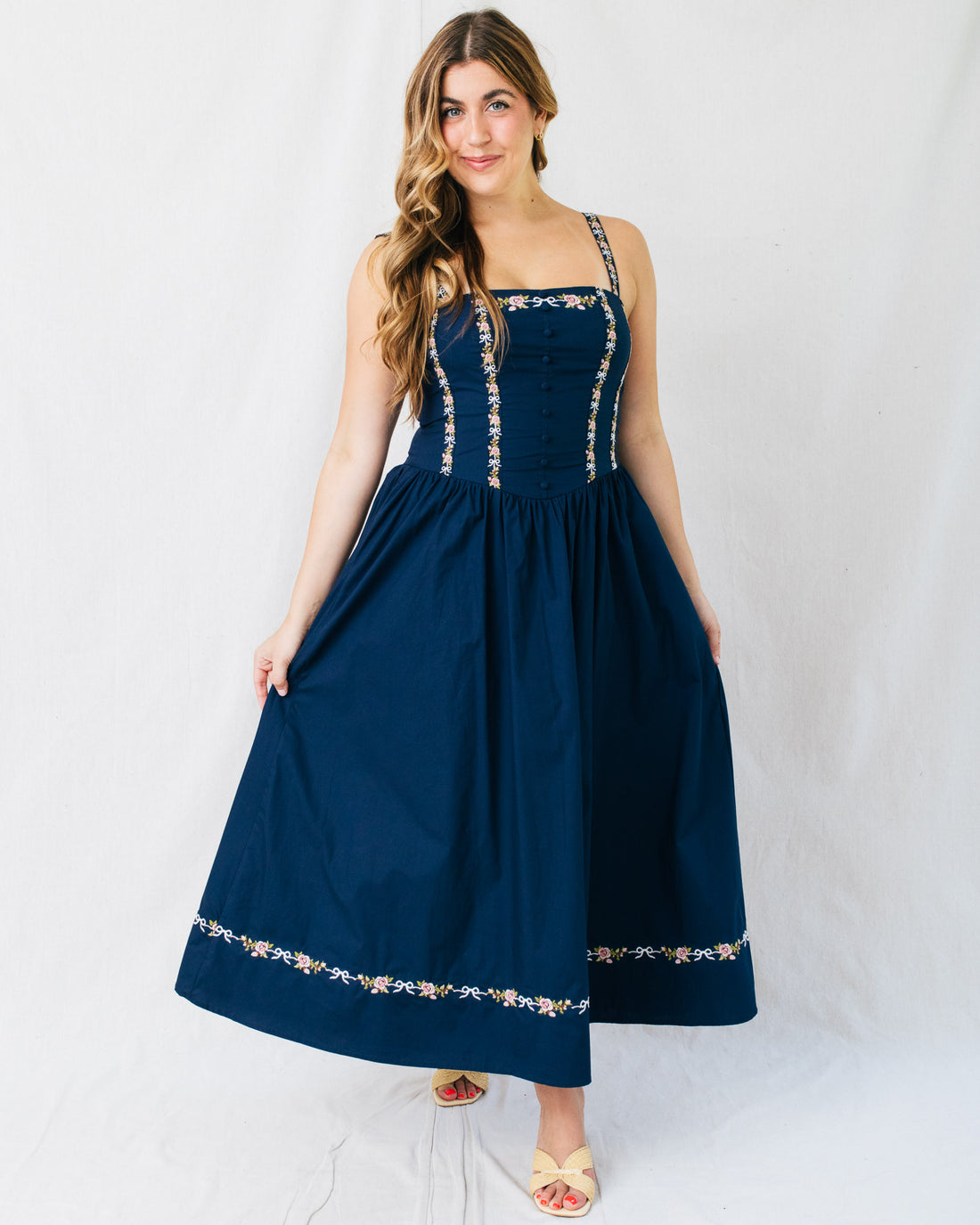 Lilith Floral Ribbon Embroidery Midi Dress