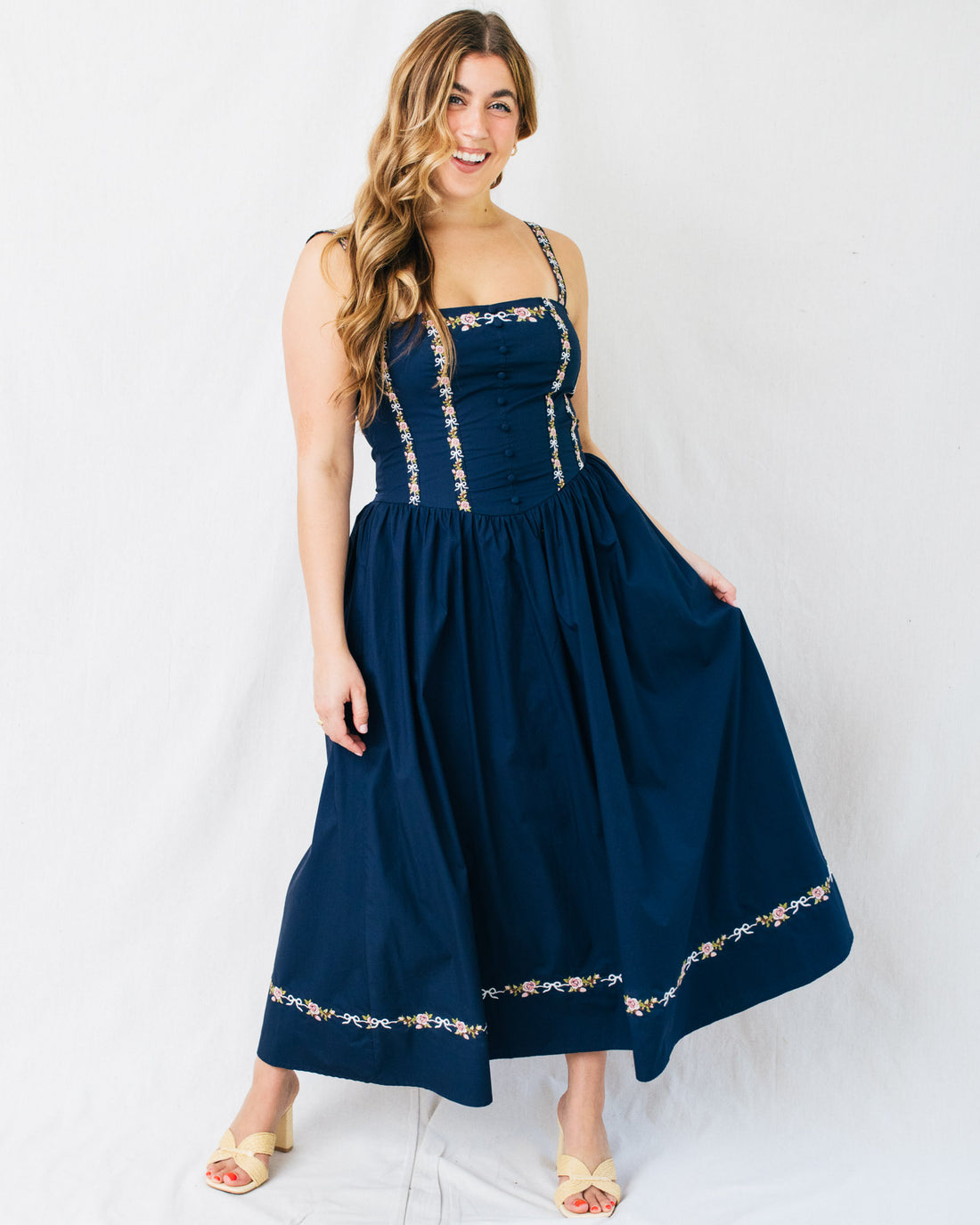 Lilith Floral Ribbon Embroidery Midi Dress