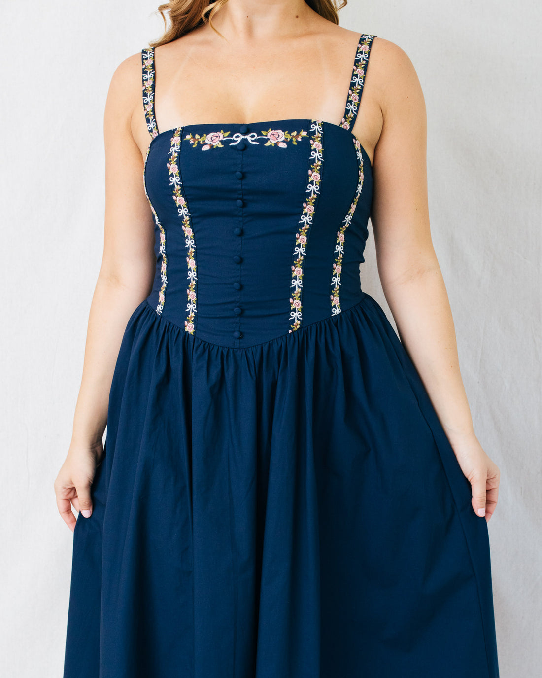 Lilith Floral Ribbon Embroidery Midi Dress