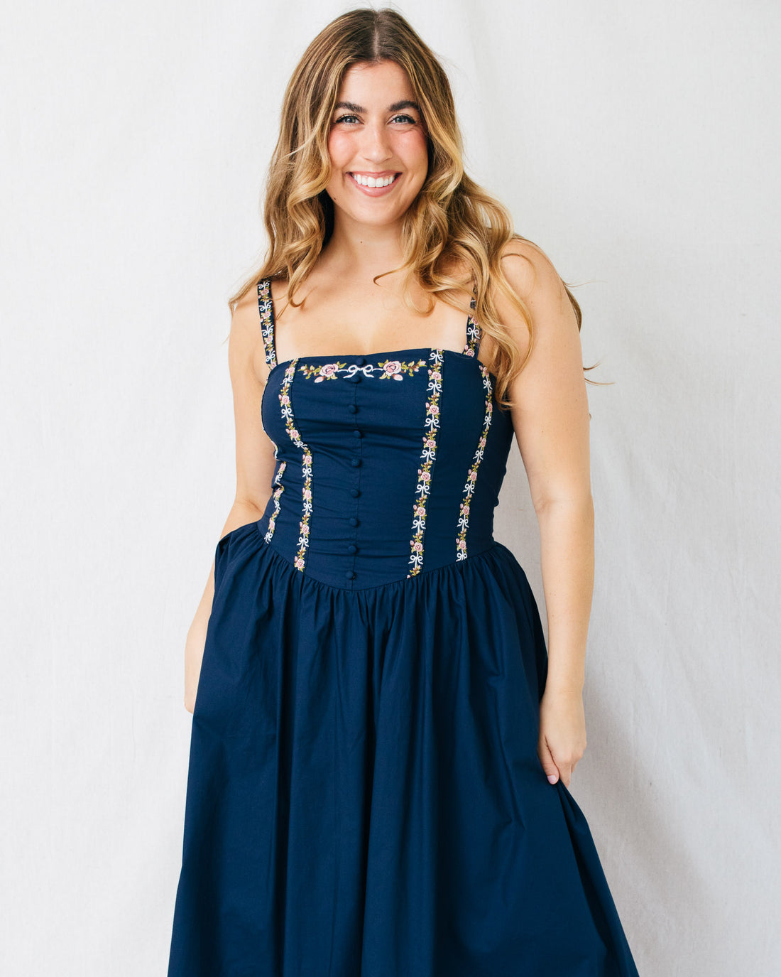Lilith Floral Ribbon Embroidery Midi Dress