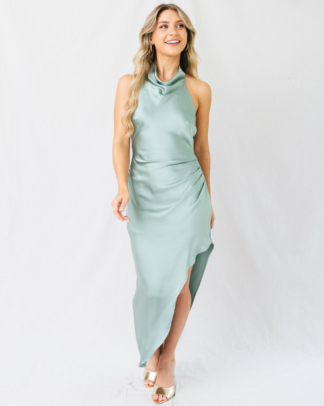 Bossa Nova Halter Neck Side Pleated Midi Dress