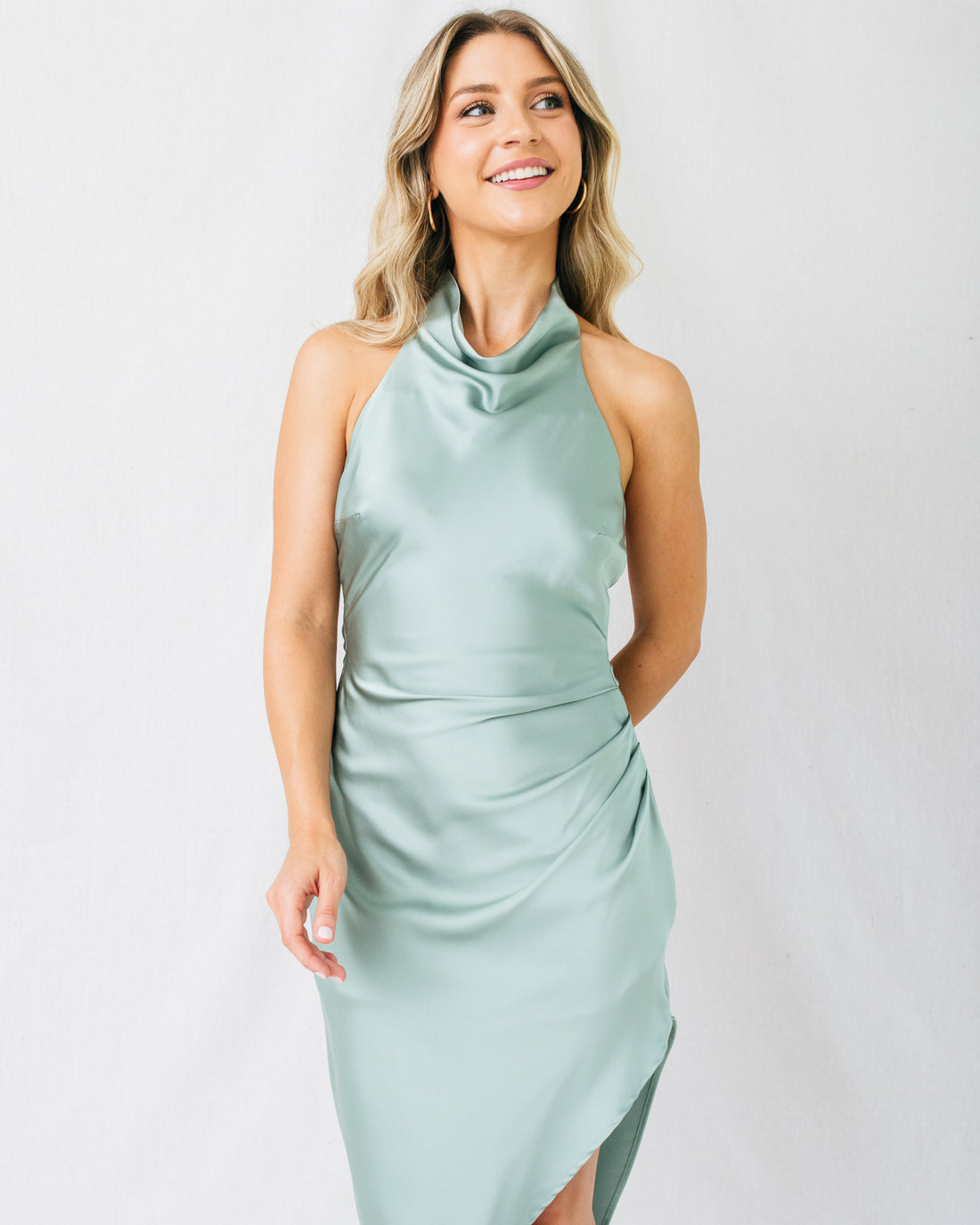 Bossa Nova Halter Neck Side Pleated Midi Dress