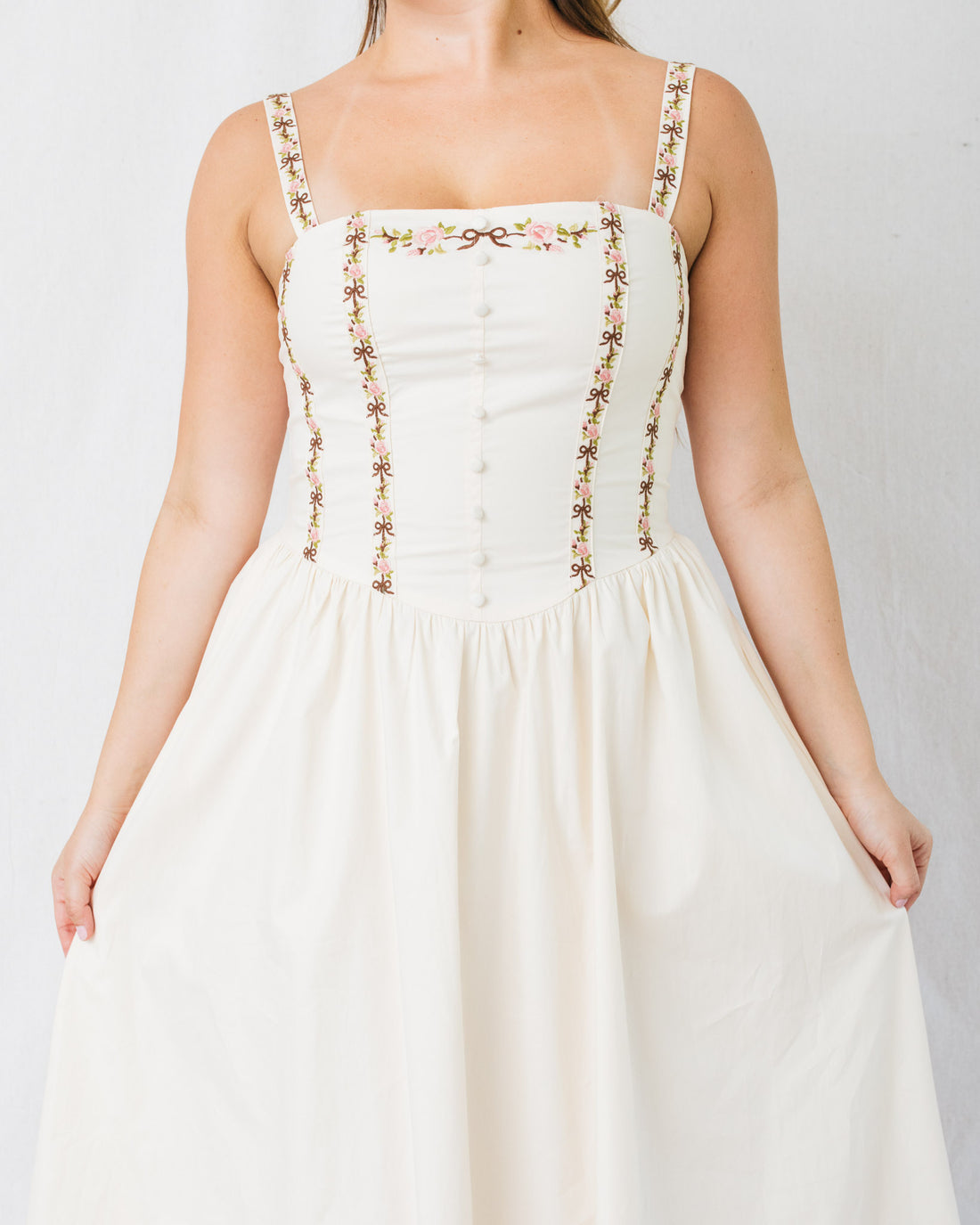 Lilith Floral Ribbon Embroidery Midi Dress