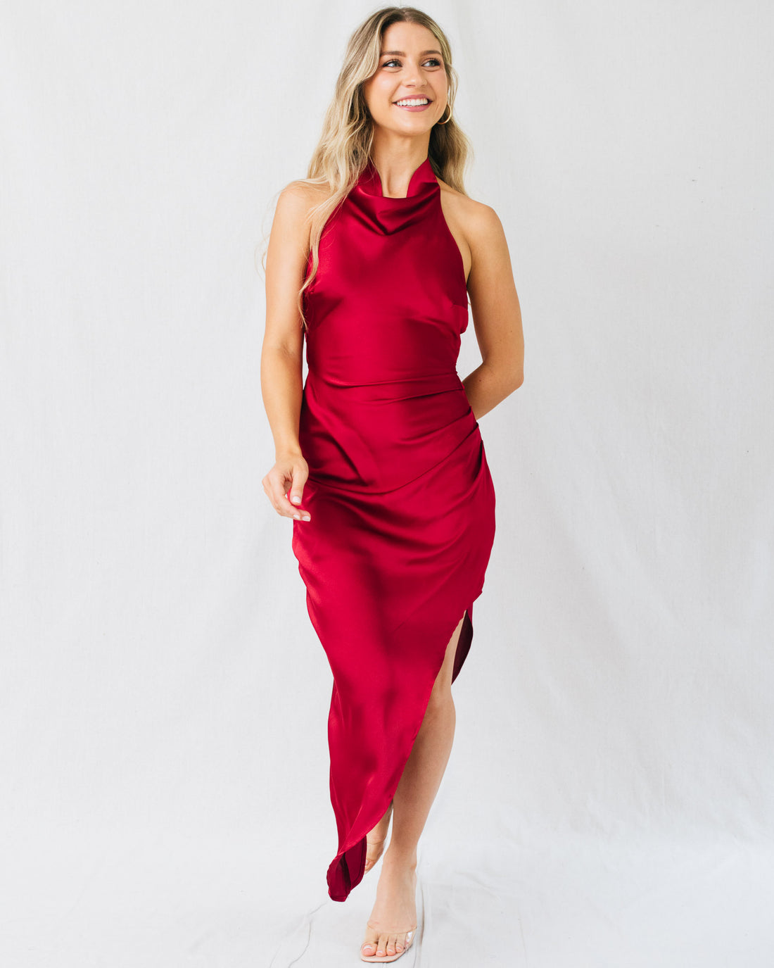 Bossa Nova Halter Neck Side Pleated Midi Dress