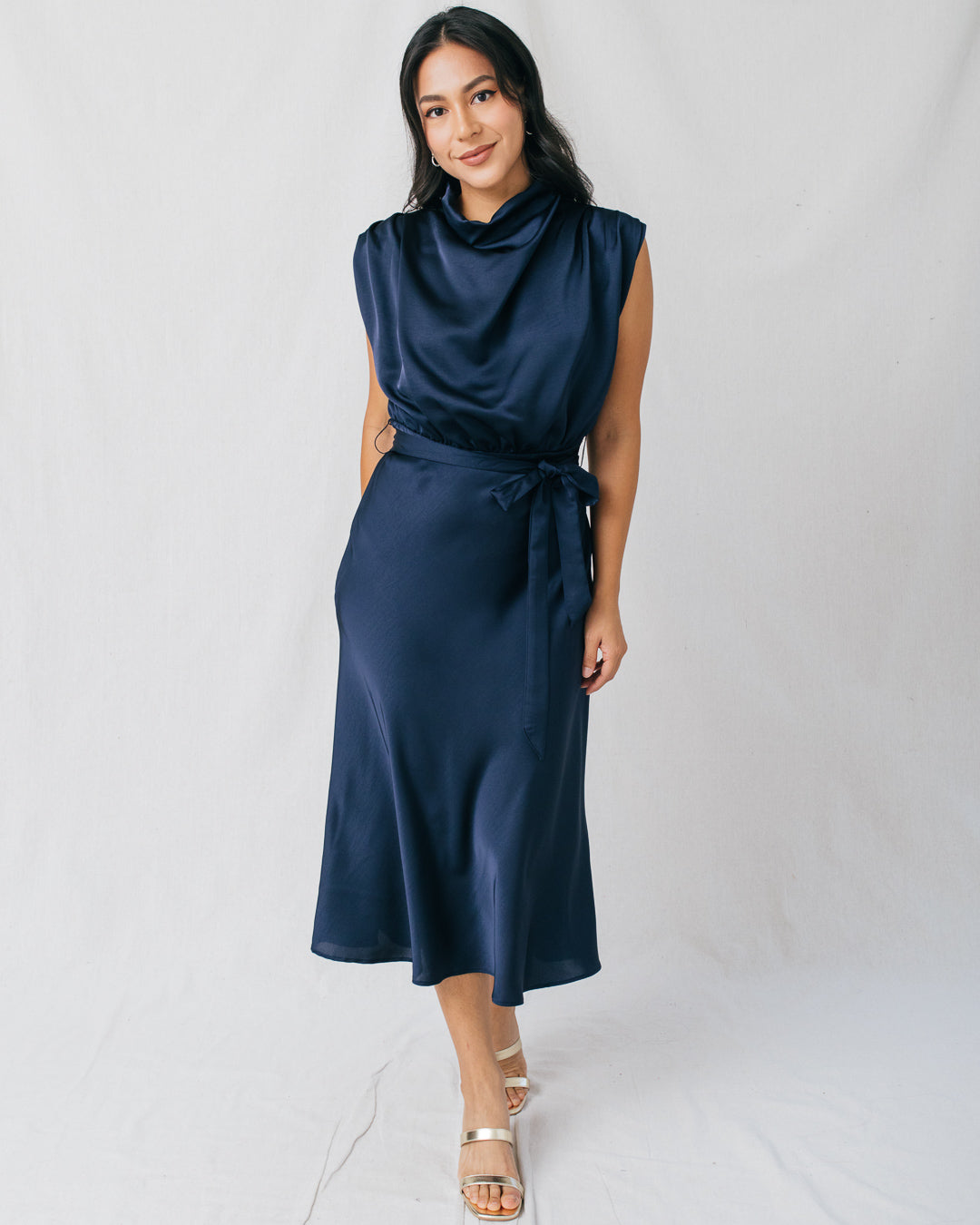 Clea Cowl Neck Front Tie Midi Dress