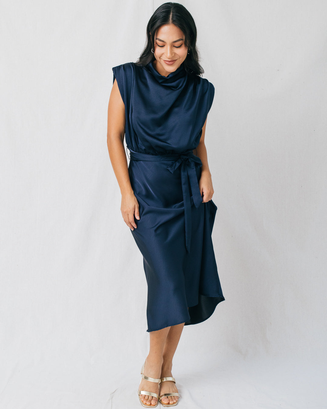 Clea Cowl Neck Front Tie Midi Dress