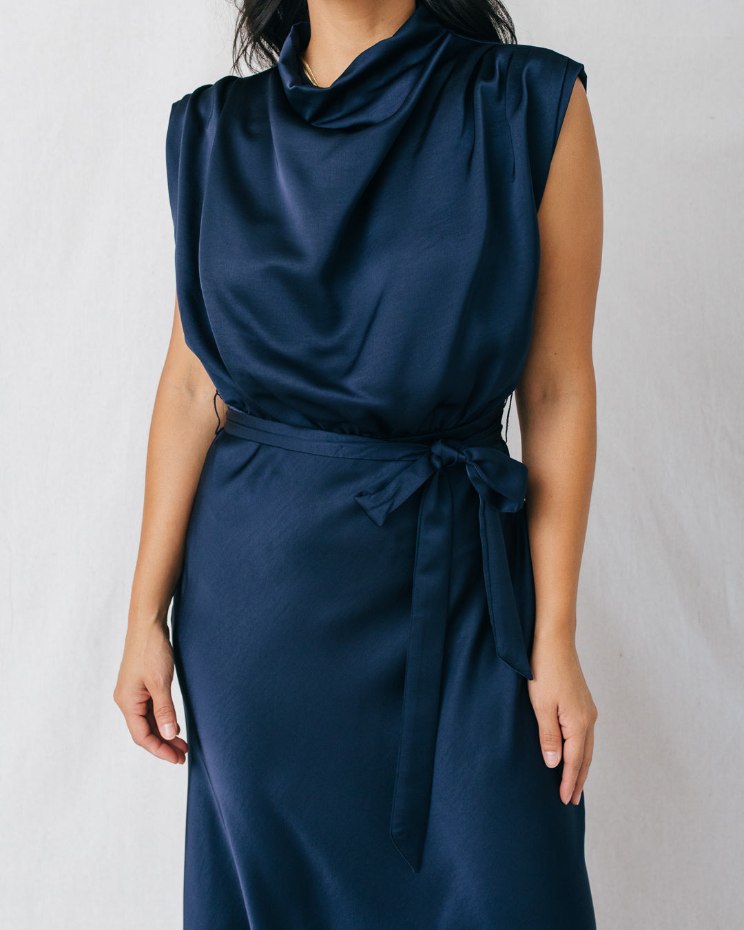 Clea Cowl Neck Front Tie Midi Dress