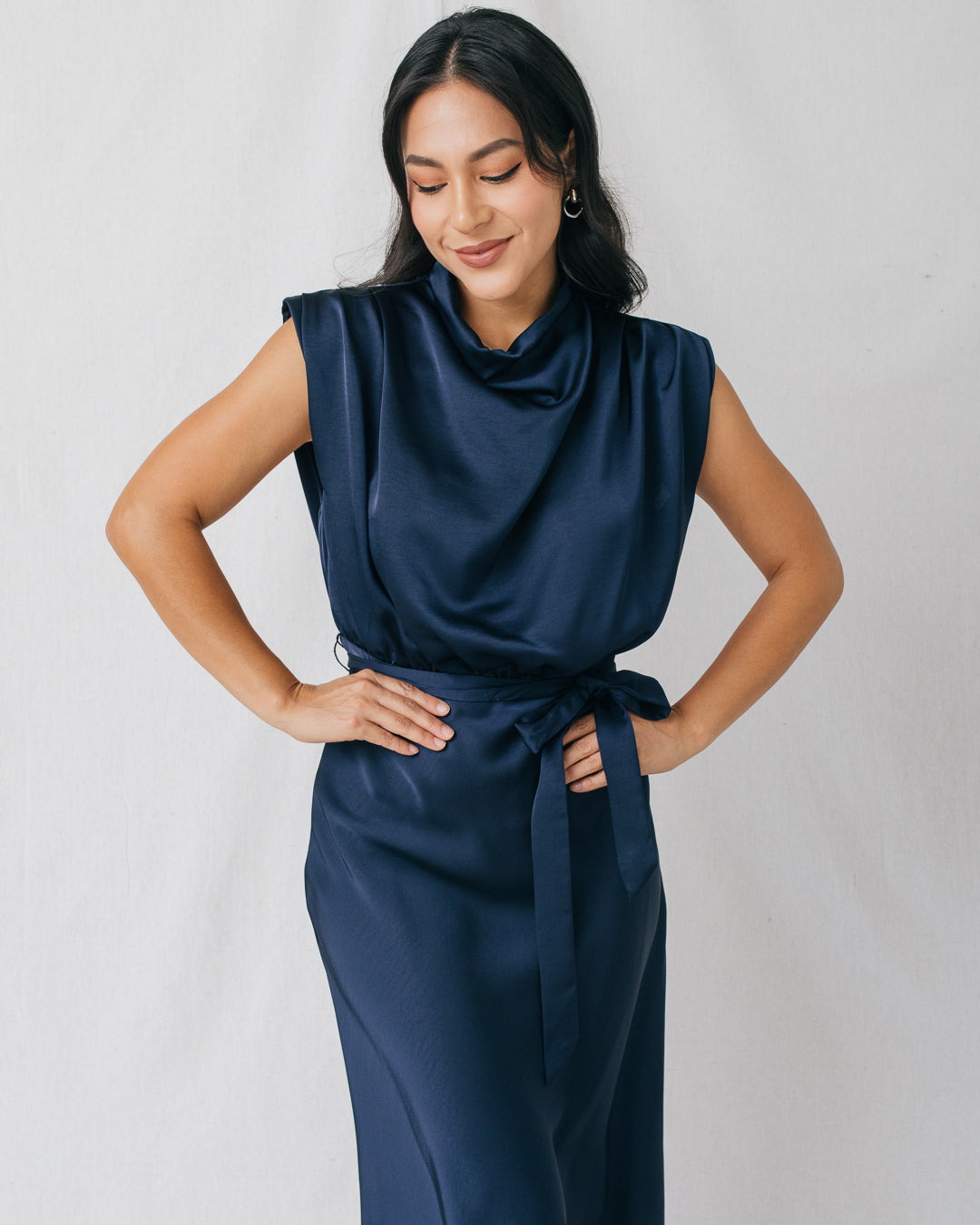 Clea Cowl Neck Front Tie Midi Dress