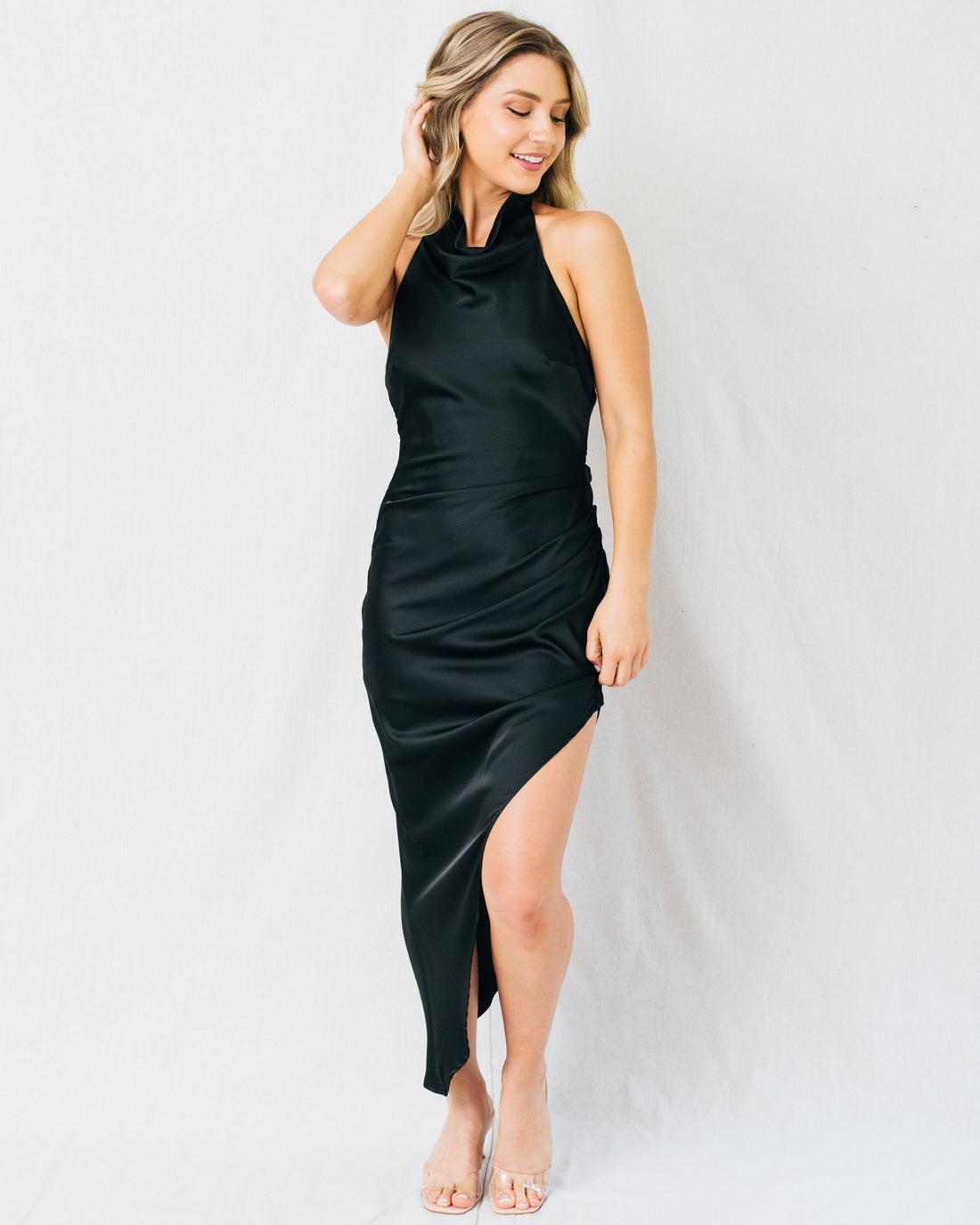 Bossa Nova Halter Neck Side Pleated Midi Dress