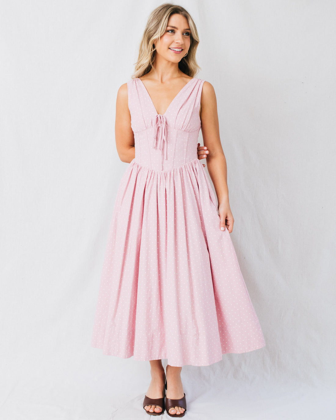 Shae Corset Bodice Bow Tie Detail Midi Dress