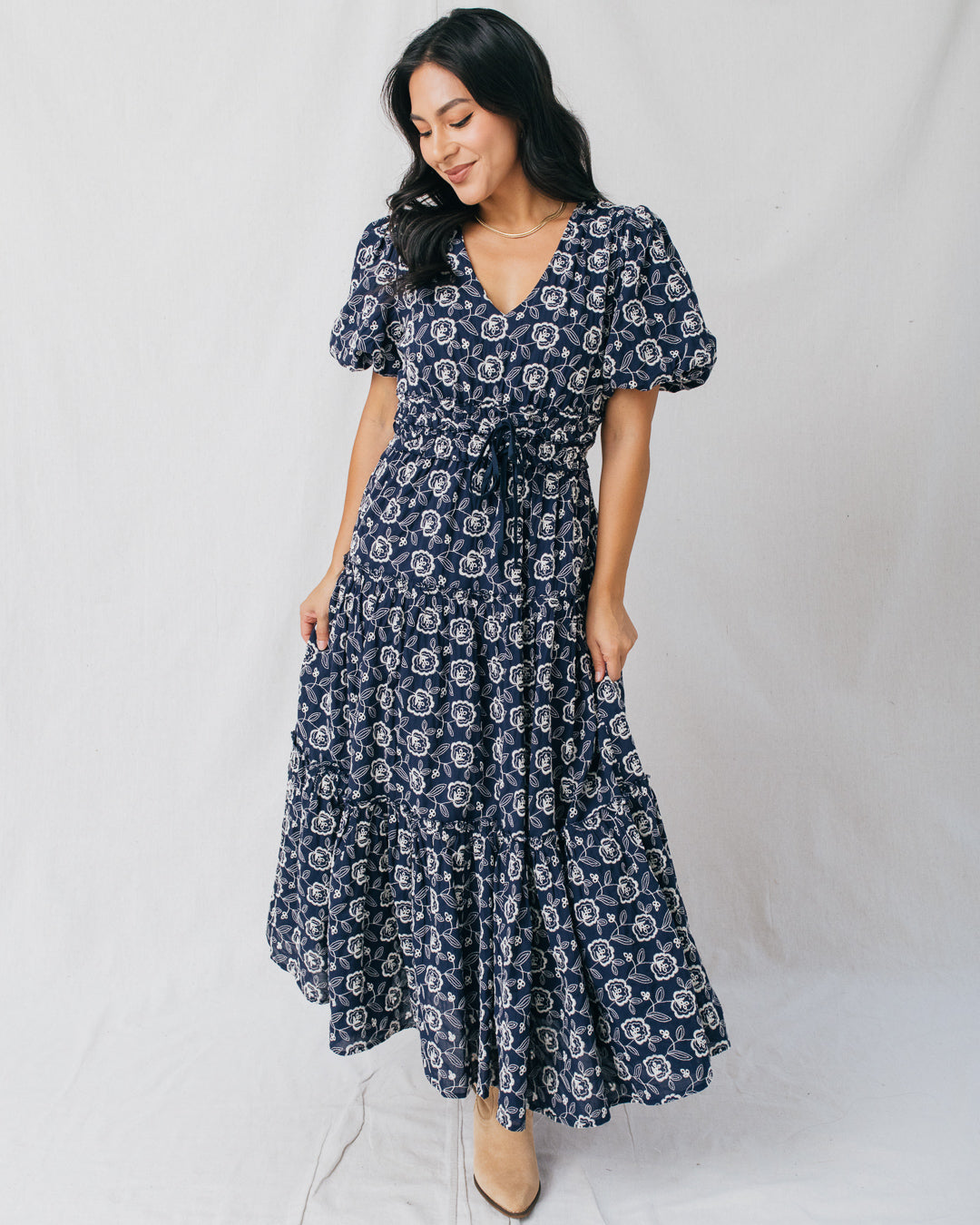 Camellia Embroidered Puff Sleeve Tiered Midi Dress